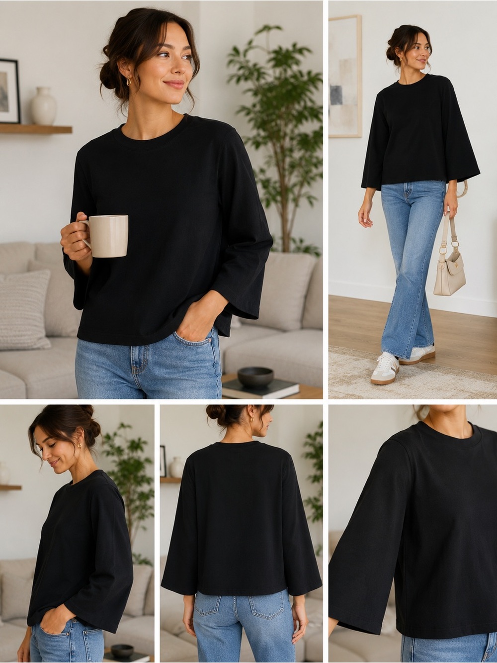 Tuckernuck Women's medium Black Bell Sleeve Crewneck Top